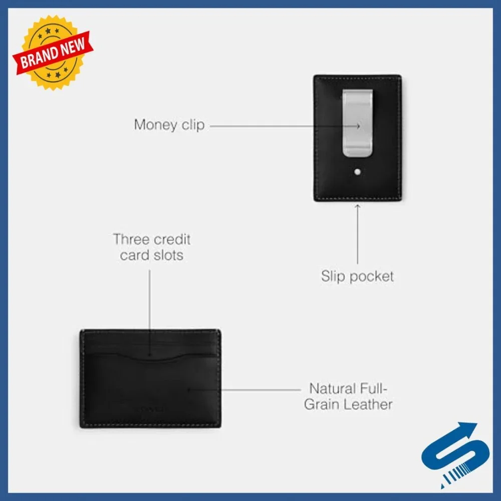Leather Money Clip Card Case with 3 Slots and Pocket
